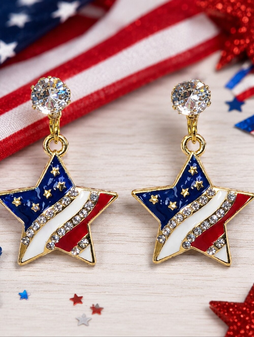 Patriotic USA Star Drop Earrings Red White Blue Rhinestone 4th of July
